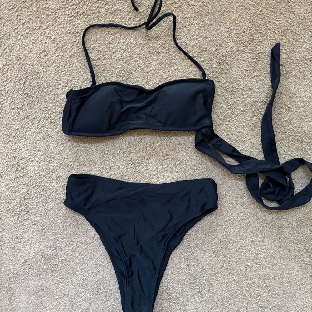 Women's Black Two Piece Removable Strap Wrap Tie Bikini, Small